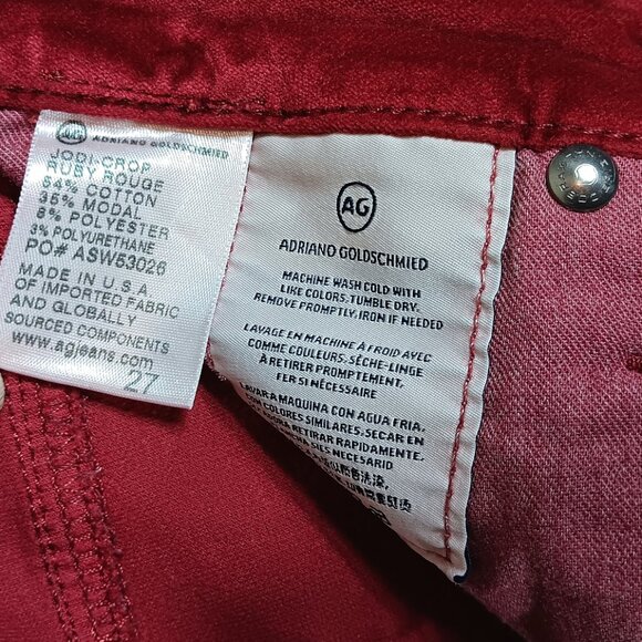 AG Adriano Goldschmied Jodi Crop Velvet Jeans Womens 27 Ruby Rouge Slim Flare - Picture 3 of 5